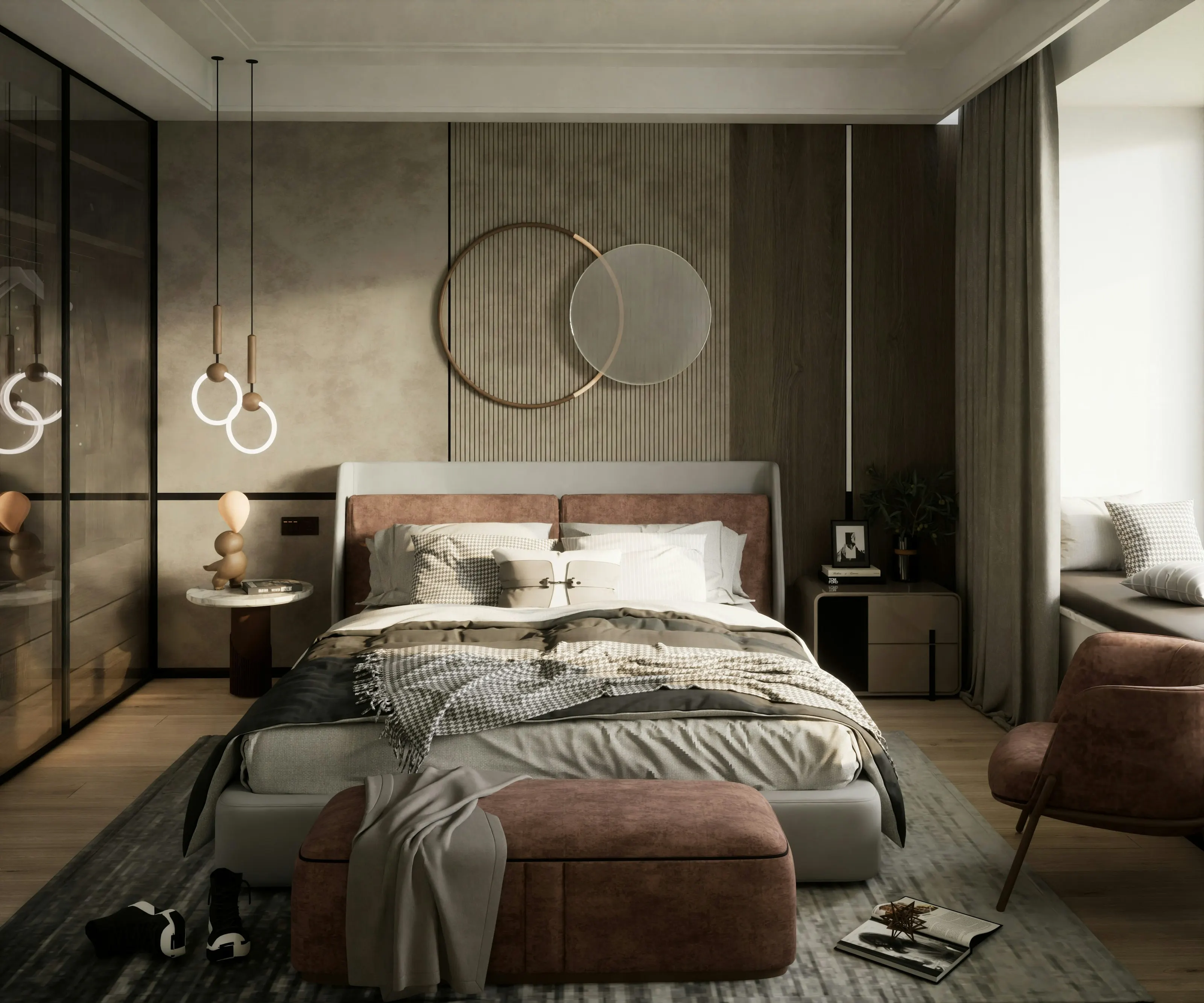 A dark, moody bedroom with brass pendant lights